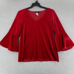 MSK Womens Y2K Red Velvet Fairy Boho Bell Sleeve V Neck‎ Top Whimsy Size L